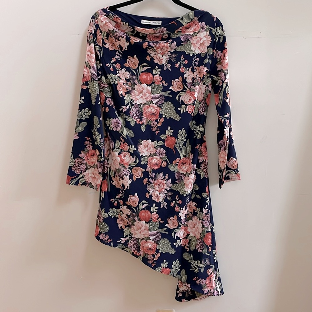 Abercrombie & Fitch navy Blue Floral Asymmetrical Cowl Neck Midi Dress NWOT SP